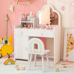 Juego de Mesa y Silla para Niñas Tocador Infantil con Espejo en Forma de Nube Estante Abierto Cajones y Armario Mesa de Maquillaje Blanco