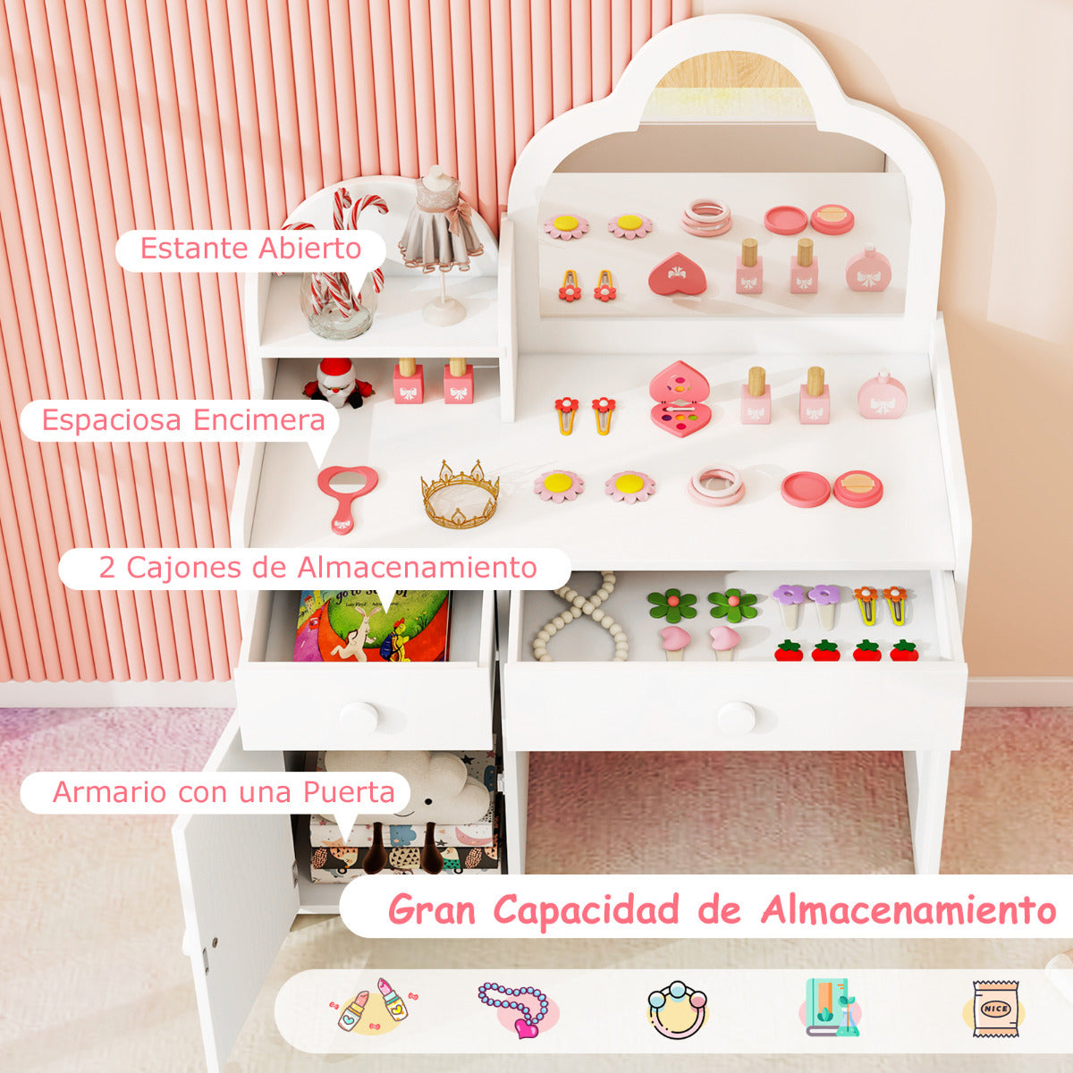 Juego de Mesa y Silla para Niñas Tocador Infantil con Espejo en Forma de Nube Estante Abierto Cajones y Armario Mesa de Maquillaje Blanco
