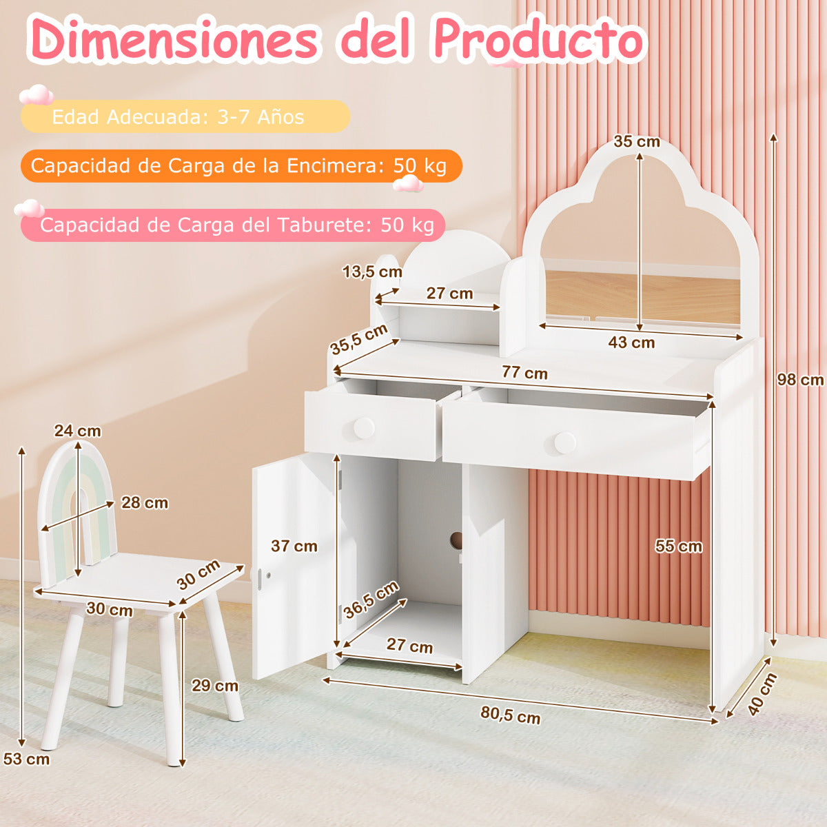 Juego de Mesa y Silla para Niñas Tocador Infantil con Espejo en Forma de Nube Estante Abierto Cajones y Armario Mesa de Maquillaje Blanco