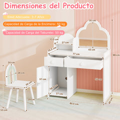 Juego de Mesa y Silla para Niñas Tocador Infantil con Espejo en Forma de Nube Estante Abierto Cajones y Armario Mesa de Maquillaje Blanco