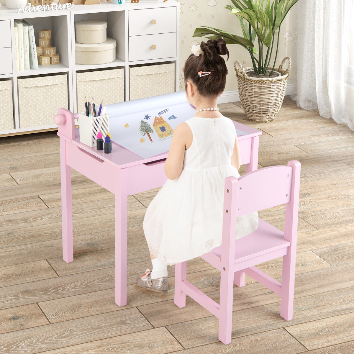 Juego de Mesa y Silla para Niños Mesa de Actividades con Almacenamiento y Soporte para Rollo de Papel para Dibujar Estudiar Jugar Rosa