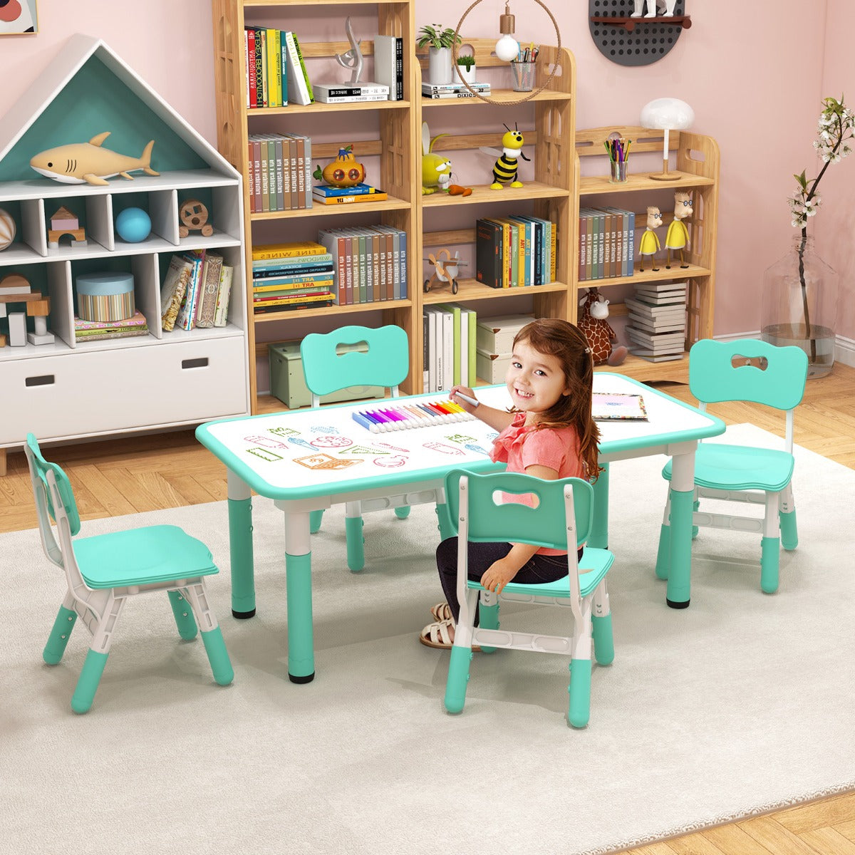 Juego de Mesa Infantil y 4 Sillas Escritorio Ajustable en Altura con Superficie de Graffiti Mesa Multiusos para Arte y Estudio Verde