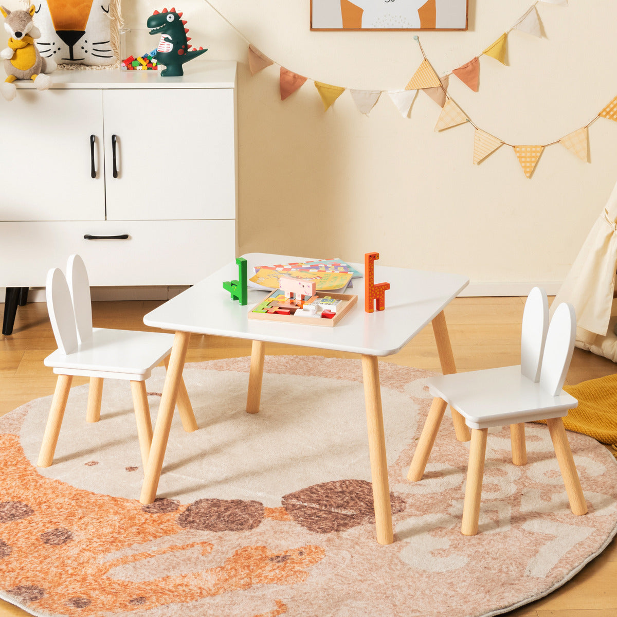 Juego de Mesa y Sillas Infantil Mesa Cuadrada 2 Sillas de Conejo Patas de Madera Salva Espacio Set de Muebles Multifunción para Niños Blanco