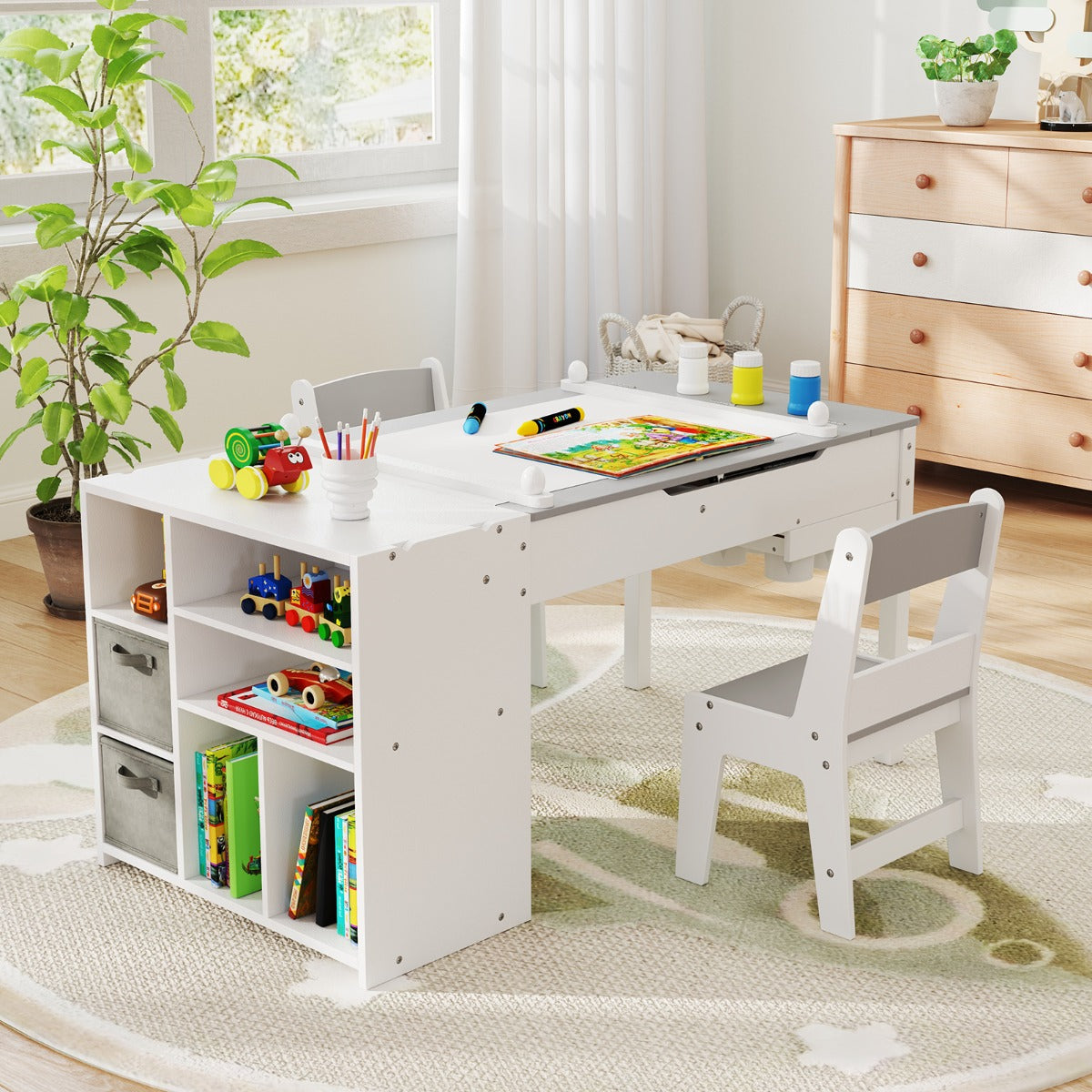 Juego de Mesa y Sillas para Niños con Rollo de Papel Tapa Abatible Estantes Cajas y Organizador Portátil-Gris