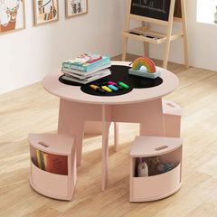 Juego de Mesa y Sillas para Niños de 5 Piezas Mesa Redonda Apilable para Niños con Taburetes para Actividades Ahorra Espacio Rosa
