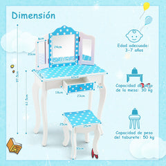 Juego de Mesa y Taburete para Niños con Lindo Estampado de Lunares Espejo y Cajón Azul y Blanco