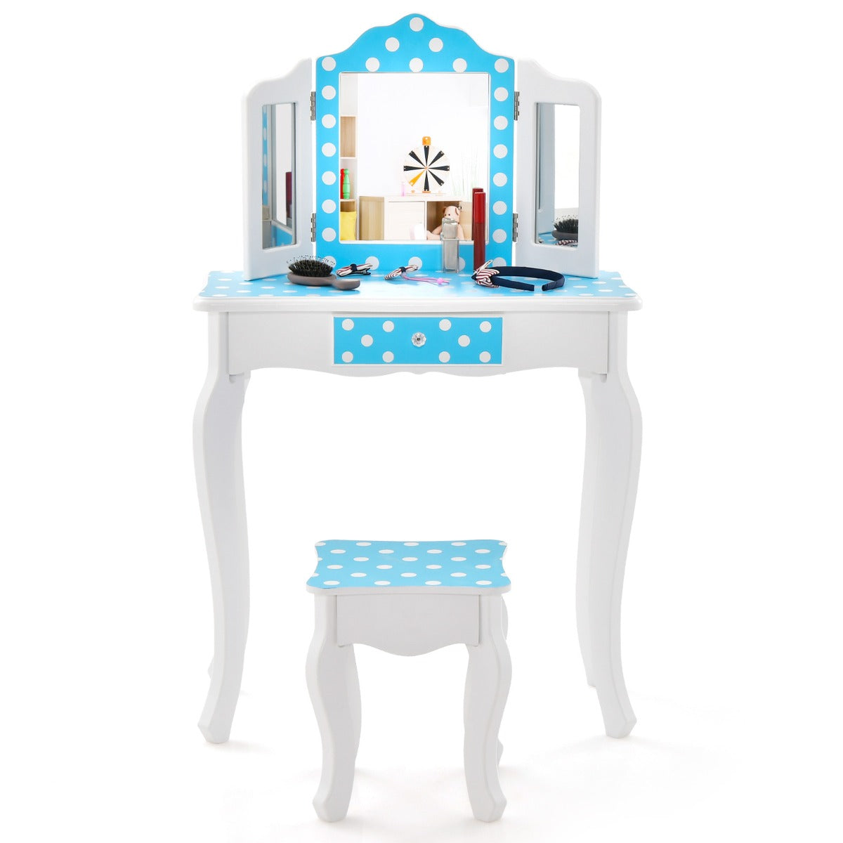 Juego de Mesa y Taburete para Niños con Lindo Estampado de Lunares Espejo y Cajón Azul y Blanco