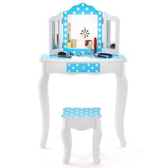Juego de Mesa y Taburete para Niños con Lindo Estampado de Lunares Espejo y Cajón Azul y Blanco