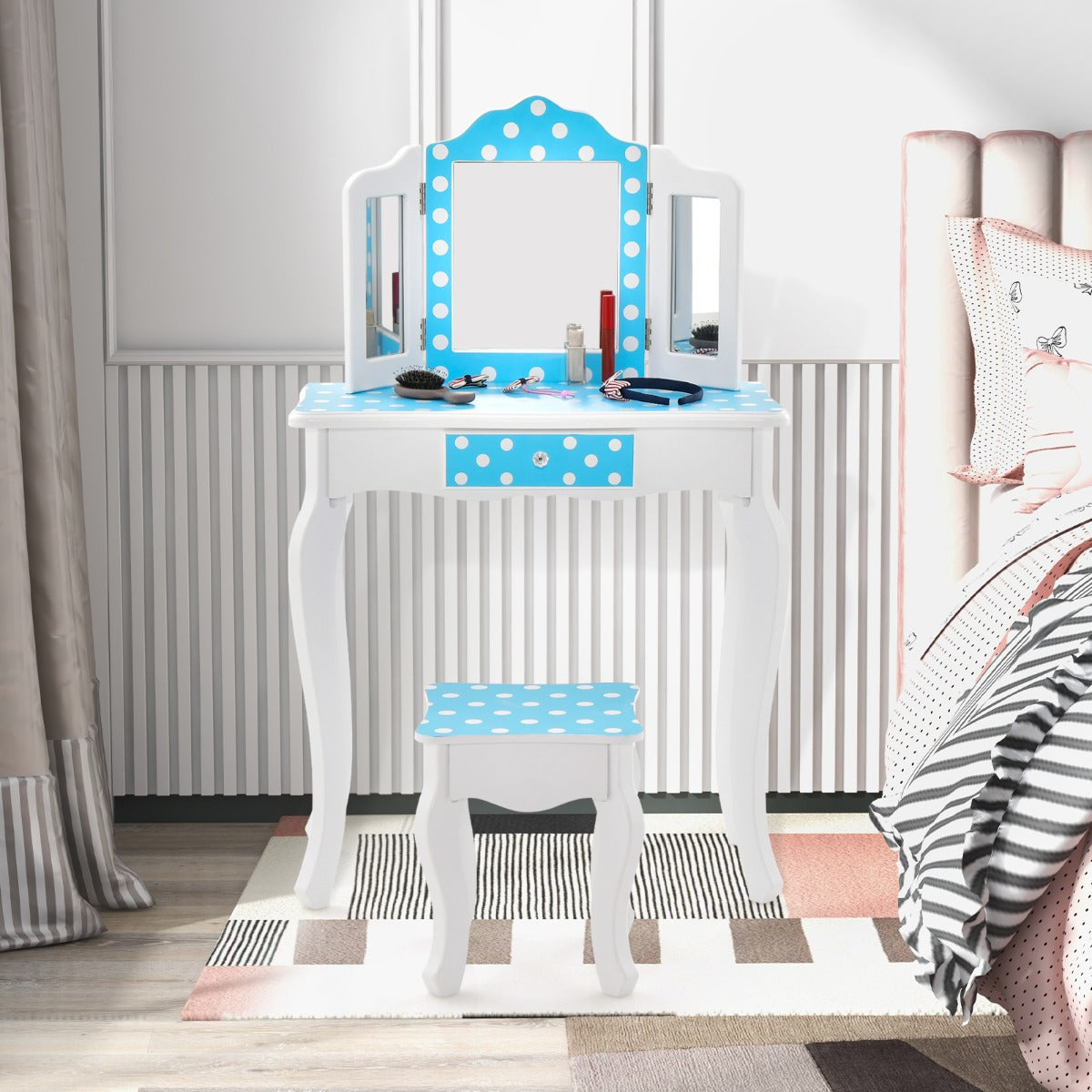 Juego de Mesa y Taburete para Niños con Lindo Estampado de Lunares Espejo y Cajón Azul y Blanco