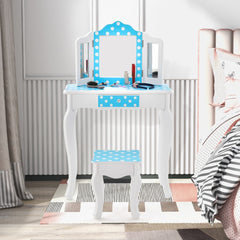 Juego de Mesa y Taburete para Niños con Lindo Estampado de Lunares Espejo y Cajón Azul y Blanco