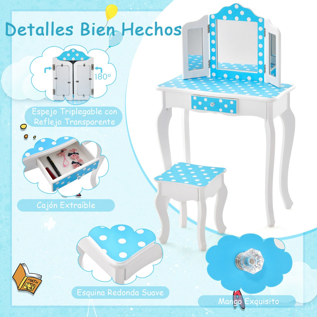 Juego de Mesa y Taburete para Niños con Lindo Estampado de Lunares Espejo y Cajón Azul y Blanco