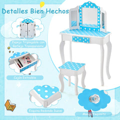 Juego de Mesa y Taburete para Niños con Lindo Estampado de Lunares Espejo y Cajón Azul y Blanco