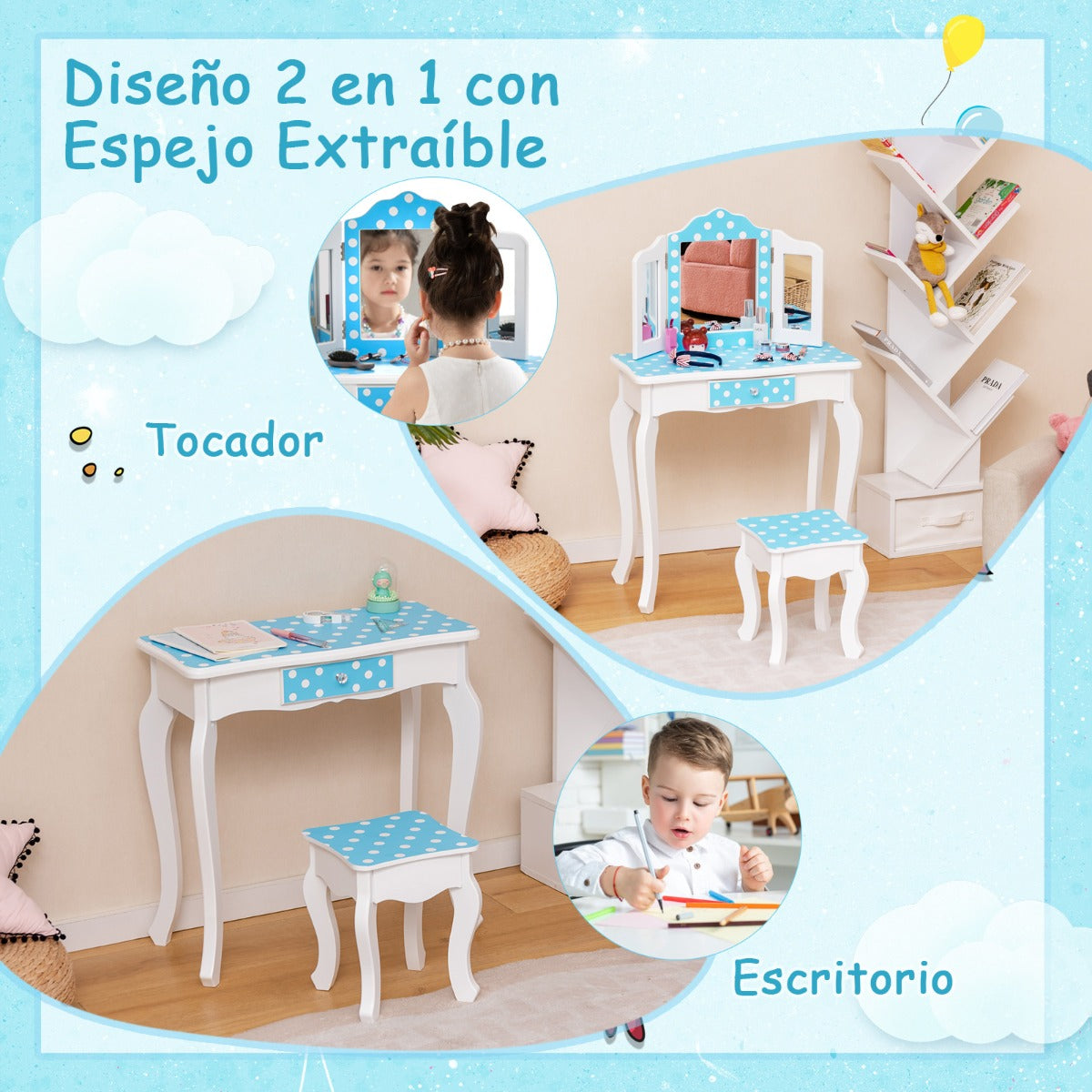 Juego de Mesa y Taburete para Niños con Lindo Estampado de Lunares Espejo y Cajón Azul y Blanco