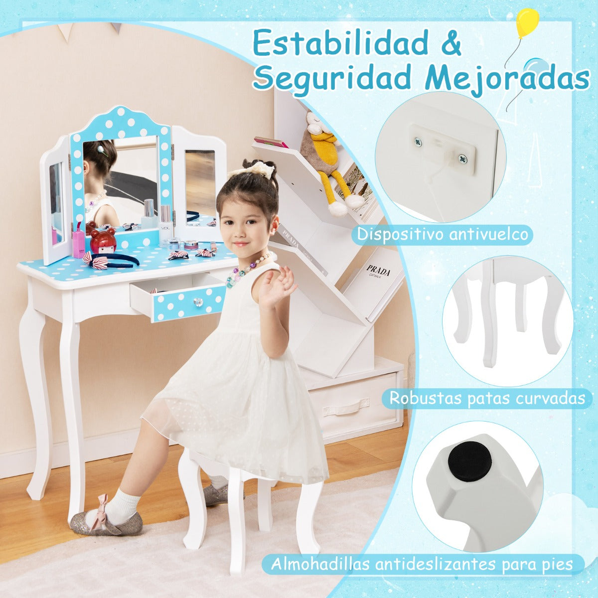 Juego de Mesa y Taburete para Niños con Lindo Estampado de Lunares Espejo y Cajón Azul y Blanco