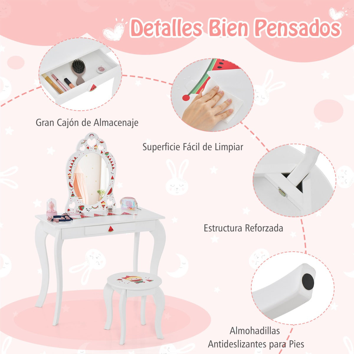 Juego de Tocador de Imitación con Patrones de Sandía Espejo Desmontable y Cajón de Almacenamiento para Niños Blanco