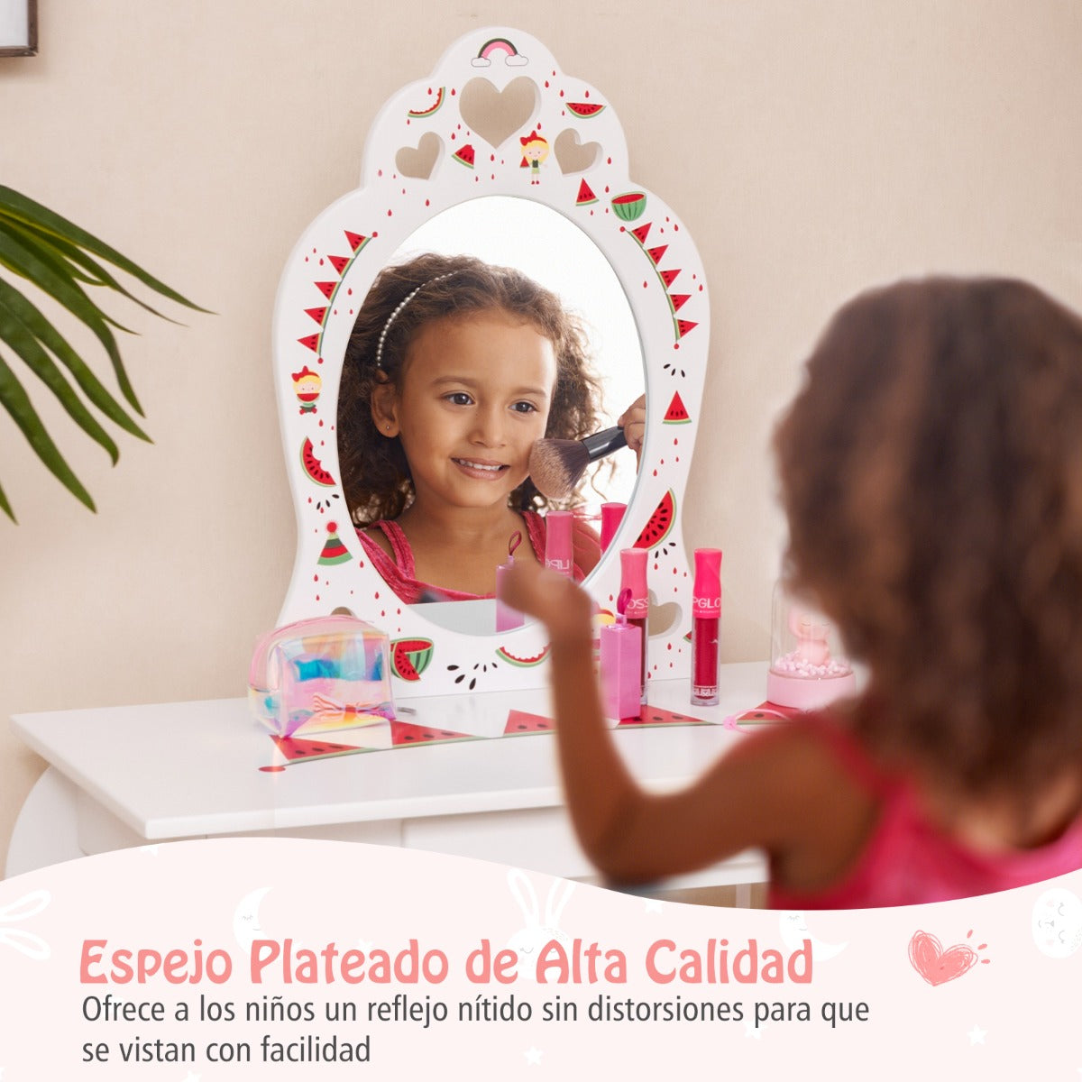 Juego de Tocador de Imitación con Patrones de Sandía Espejo Desmontable y Cajón de Almacenamiento para Niños Blanco