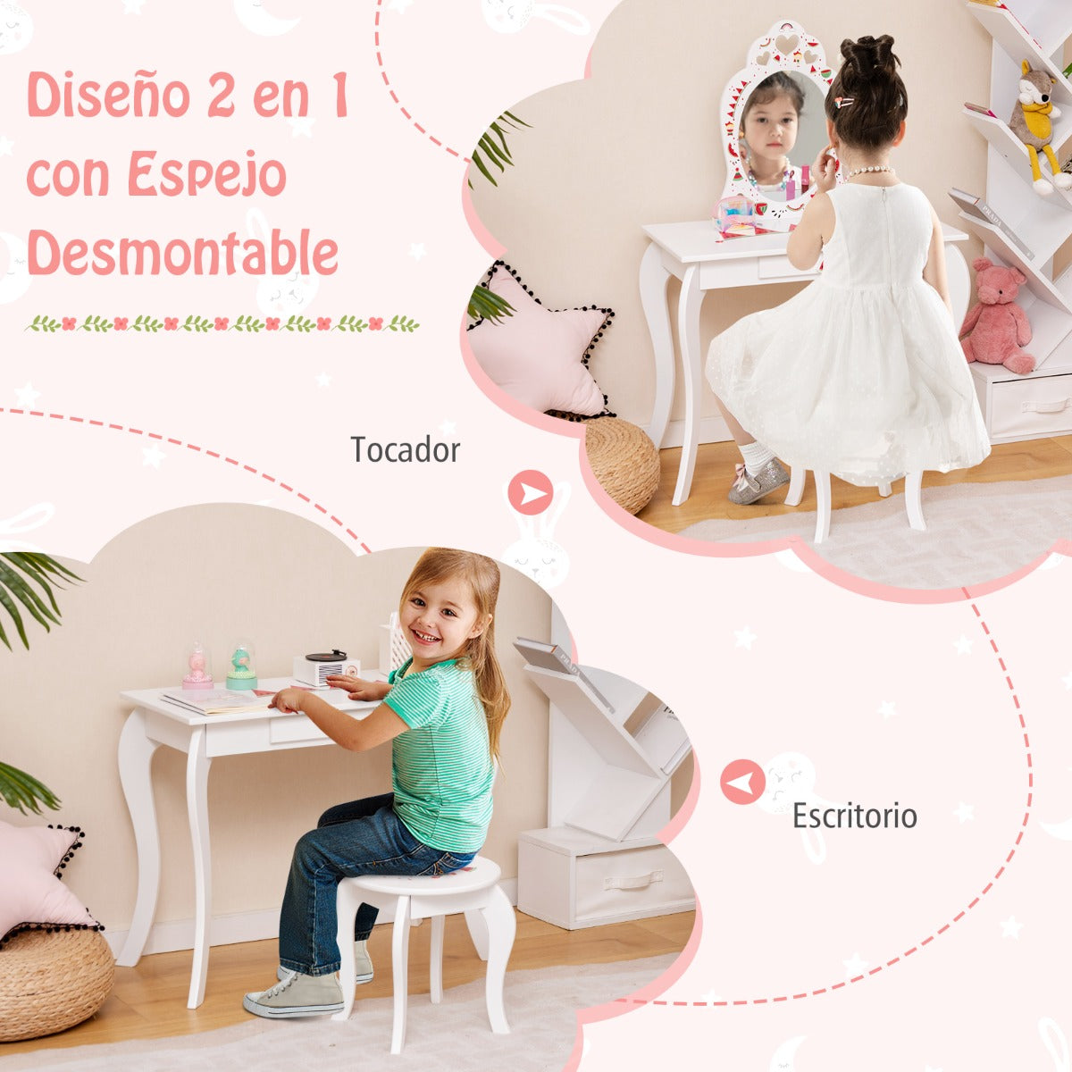 Juego de Tocador de Imitación con Patrones de Sandía Espejo Desmontable y Cajón de Almacenamiento para Niños Blanco