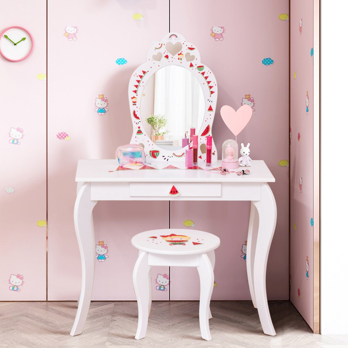 Juego de Tocador de Imitación con Patrones de Sandía Espejo Desmontable y Cajón de Almacenamiento para Niños Blanco