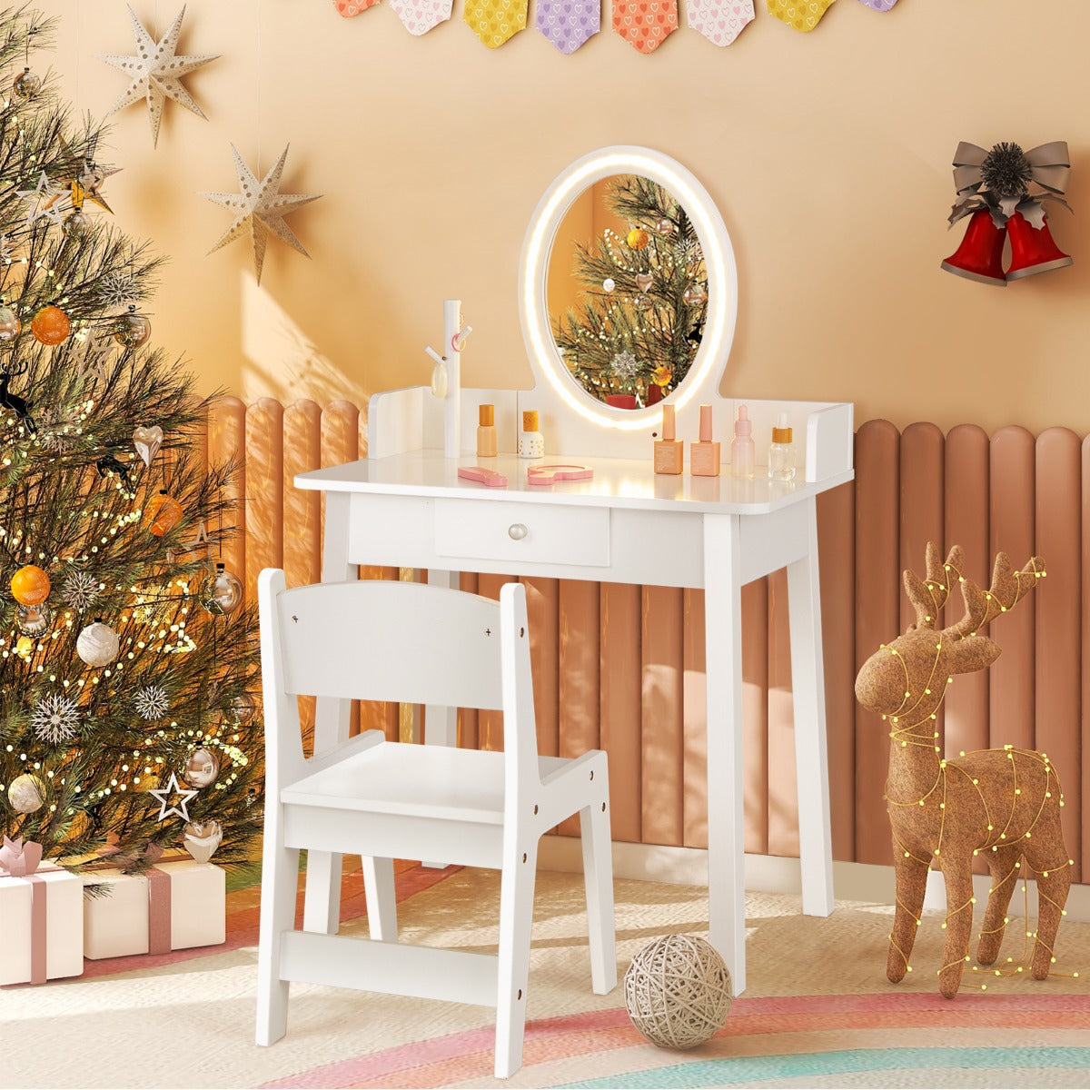 Juego de Tocador de Maquillaje para Niñas con Taburete Espejo Iluminado Iluminación LED de 2 Colores Organizador de Joyas y Cajón Blanco