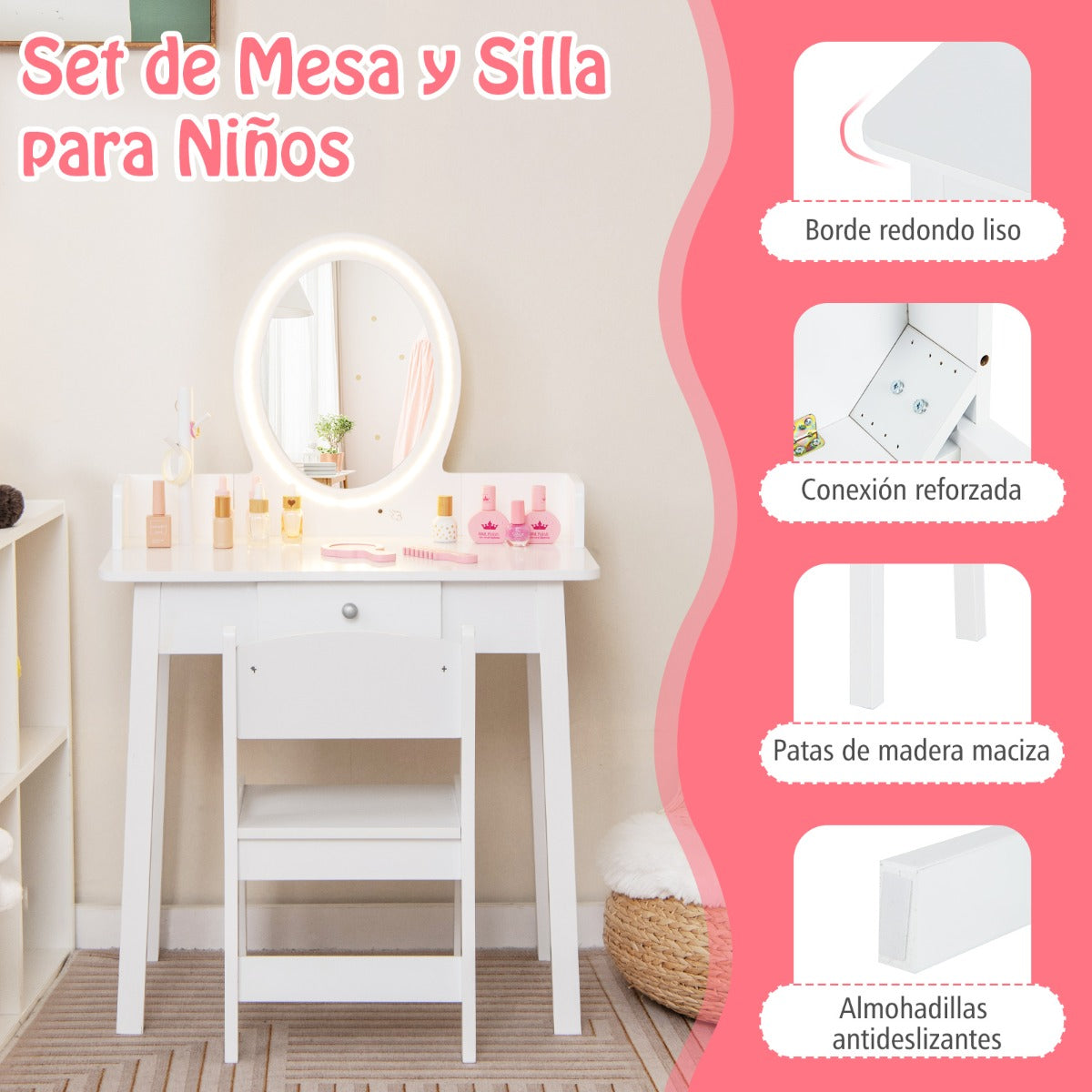 Juego de Tocador de Maquillaje para Niñas con Taburete Espejo Iluminado Iluminación LED de 2 Colores Organizador de Joyas y Cajón Blanco