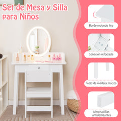 Juego de Tocador de Maquillaje para Niñas con Taburete Espejo Iluminado Iluminación LED de 2 Colores Organizador de Joyas y Cajón Blanco