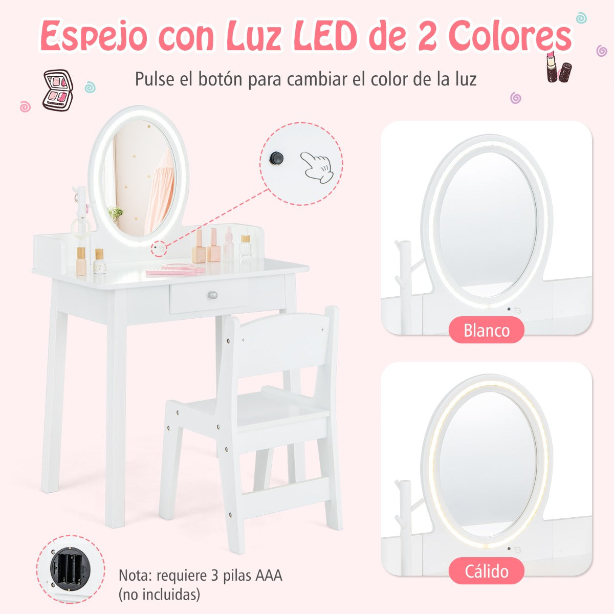 Juego de Tocador de Maquillaje para Niñas con Taburete Espejo Iluminado Iluminación LED de 2 Colores Organizador de Joyas y Cajón Blanco