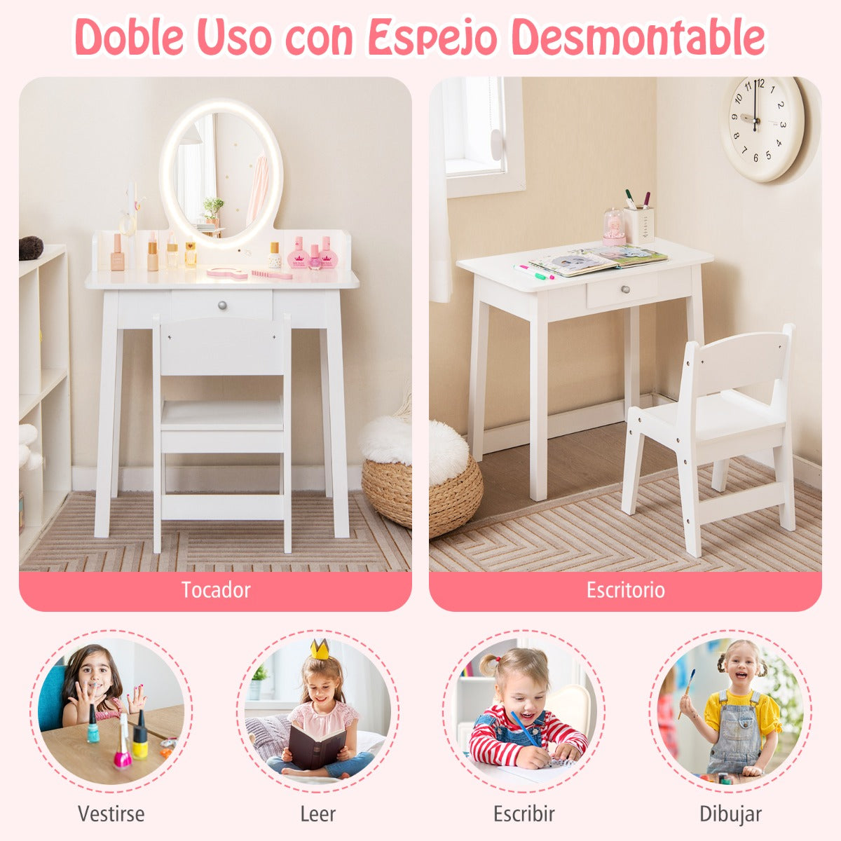 Juego de Tocador de Maquillaje para Niñas con Taburete Espejo Iluminado Iluminación LED de 2 Colores Organizador de Joyas y Cajón Blanco