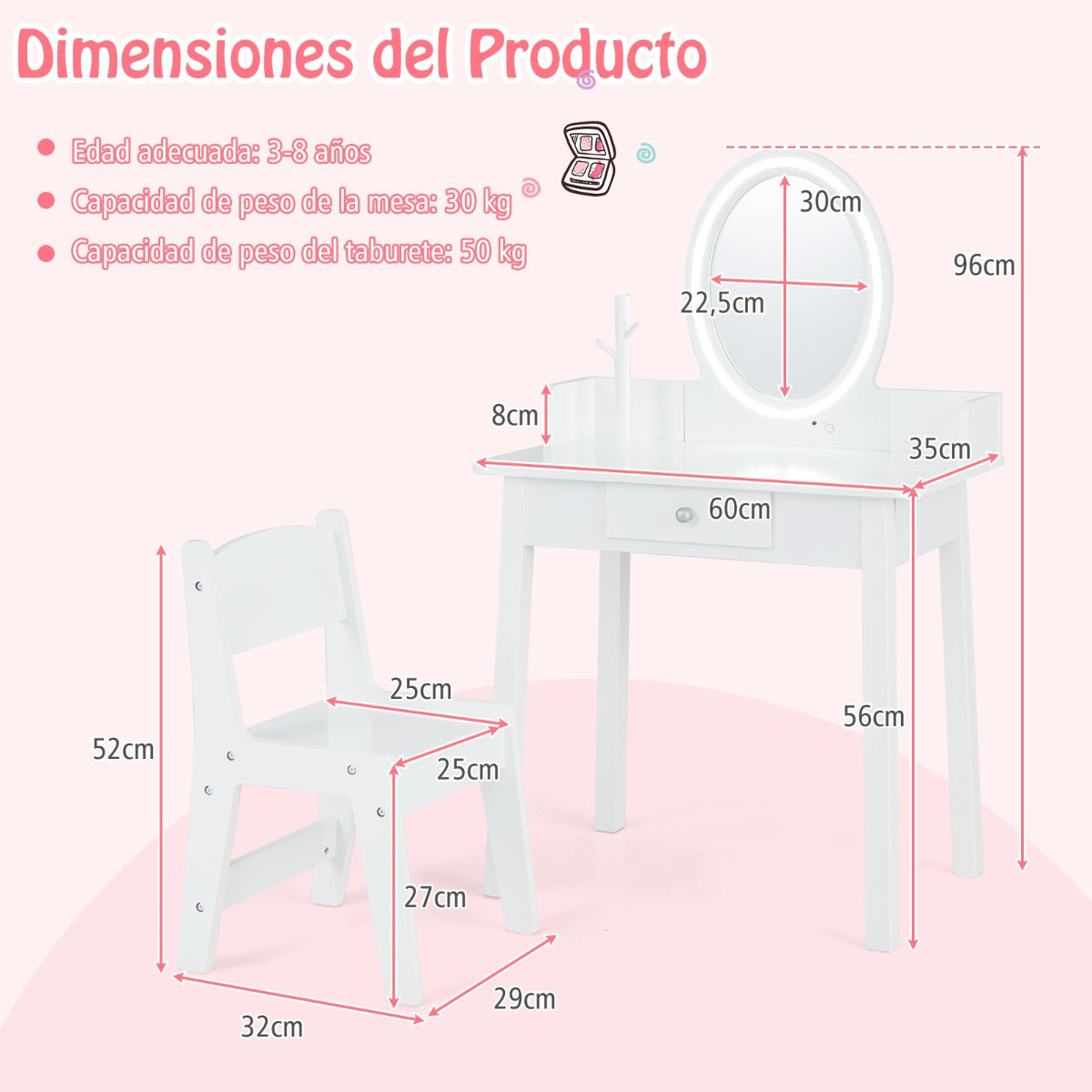 Juego de Tocador de Maquillaje para Niñas con Taburete Espejo Iluminado Iluminación LED de 2 Colores Organizador de Joyas y Cajón Blanco