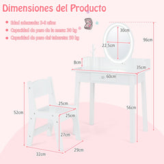 Juego de Tocador de Maquillaje para Niñas con Taburete Espejo Iluminado Iluminación LED de 2 Colores Organizador de Joyas y Cajón Blanco