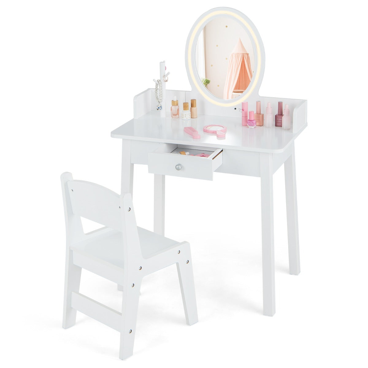 Juego de Tocador de Maquillaje para Niñas con Taburete Espejo Iluminado Iluminación LED de 2 Colores Organizador de Joyas y Cajón Blanco