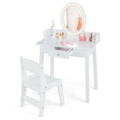 Juego de Tocador de Maquillaje para Niñas con Taburete Espejo Iluminado Iluminación LED de 2 Colores Organizador de Joyas y Cajón Blanco