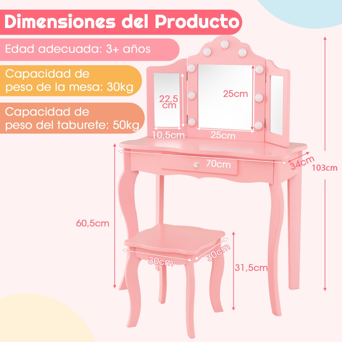 Juego de Tocador y Taburete para Niñas Tocador de Maquillaje Princesa 2 en 1 con Espejo Triple Plegable de Vidrio Real y Cajón Rosa