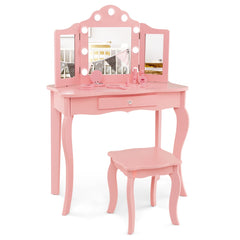 Juego de Tocador y Taburete para Niñas Tocador de Maquillaje Princesa 2 en 1 con Espejo Triple Plegable de Vidrio Real y Cajón Rosa