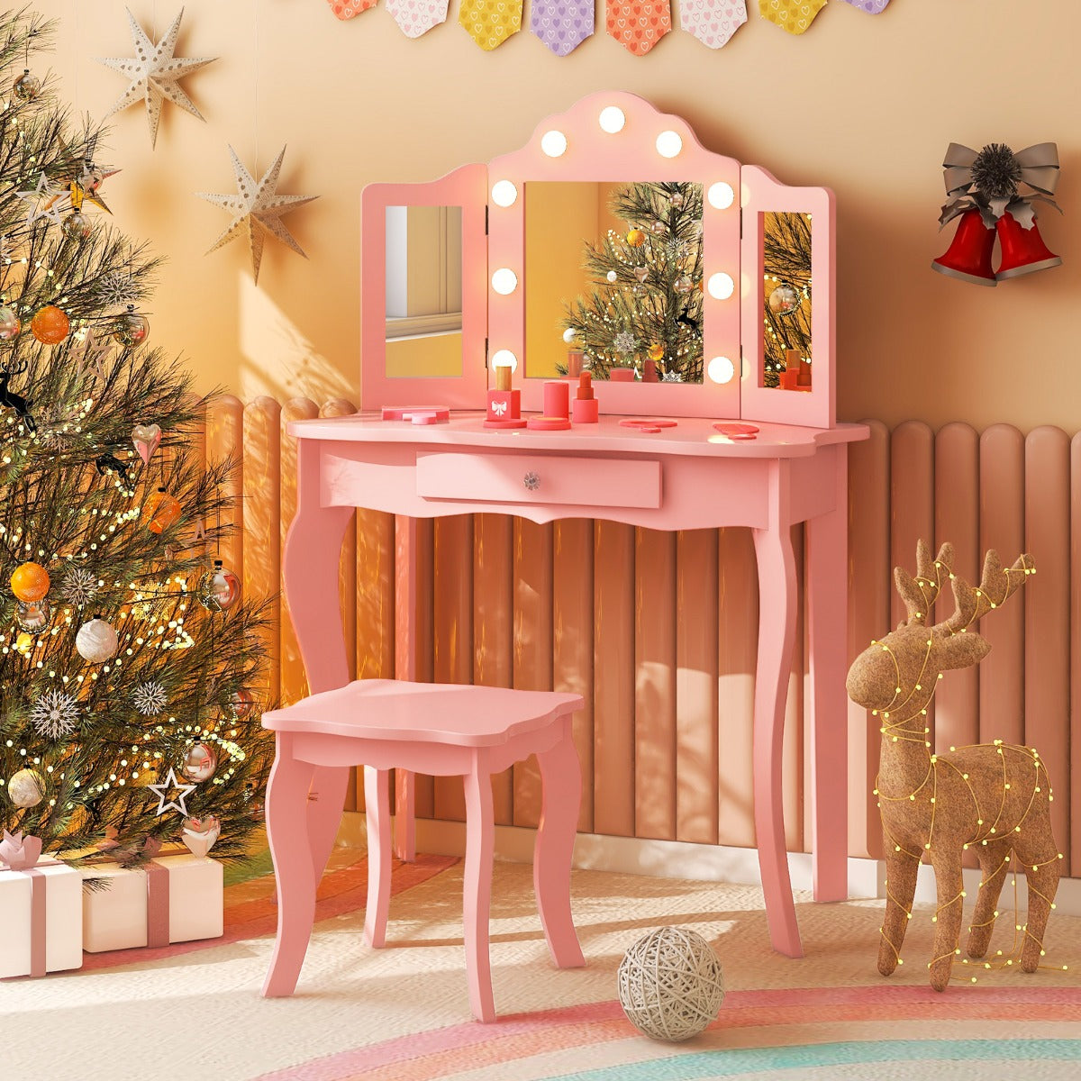 Juego de Tocador y Taburete para Niñas Tocador de Maquillaje Princesa 2 en 1 con Espejo Triple Plegable de Vidrio Real y Cajón Rosa