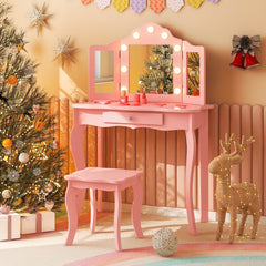 Juego de Tocador y Taburete para Niñas Tocador de Maquillaje Princesa 2 en 1 con Espejo Triple Plegable de Vidrio Real y Cajón Rosa
