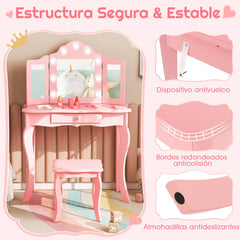 Juego de Tocador y Taburete para Niñas Tocador de Maquillaje Princesa 2 en 1 con Espejo Triple Plegable de Vidrio Real y Cajón Rosa