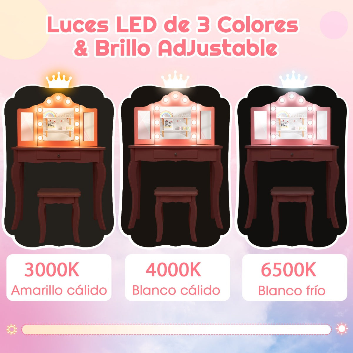 Juego de Tocador y Taburete para Niñas Tocador de Maquillaje Princesa 2 en 1 con Espejo Triple Plegable de Vidrio Real y Cajón Rosa