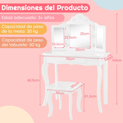 Juego de Tocador y Taburete para Niñas Tocador de Maquillaje Princesa 2 en 1 con Espejo Triple Plegable de Vidrio Real y Cajón Blanco