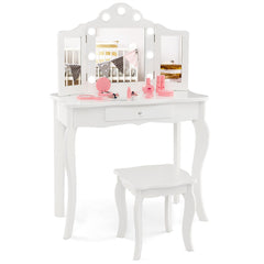 Juego de Tocador y Taburete para Niñas Tocador de Maquillaje Princesa 2 en 1 con Espejo Triple Plegable de Vidrio Real y Cajón Blanco