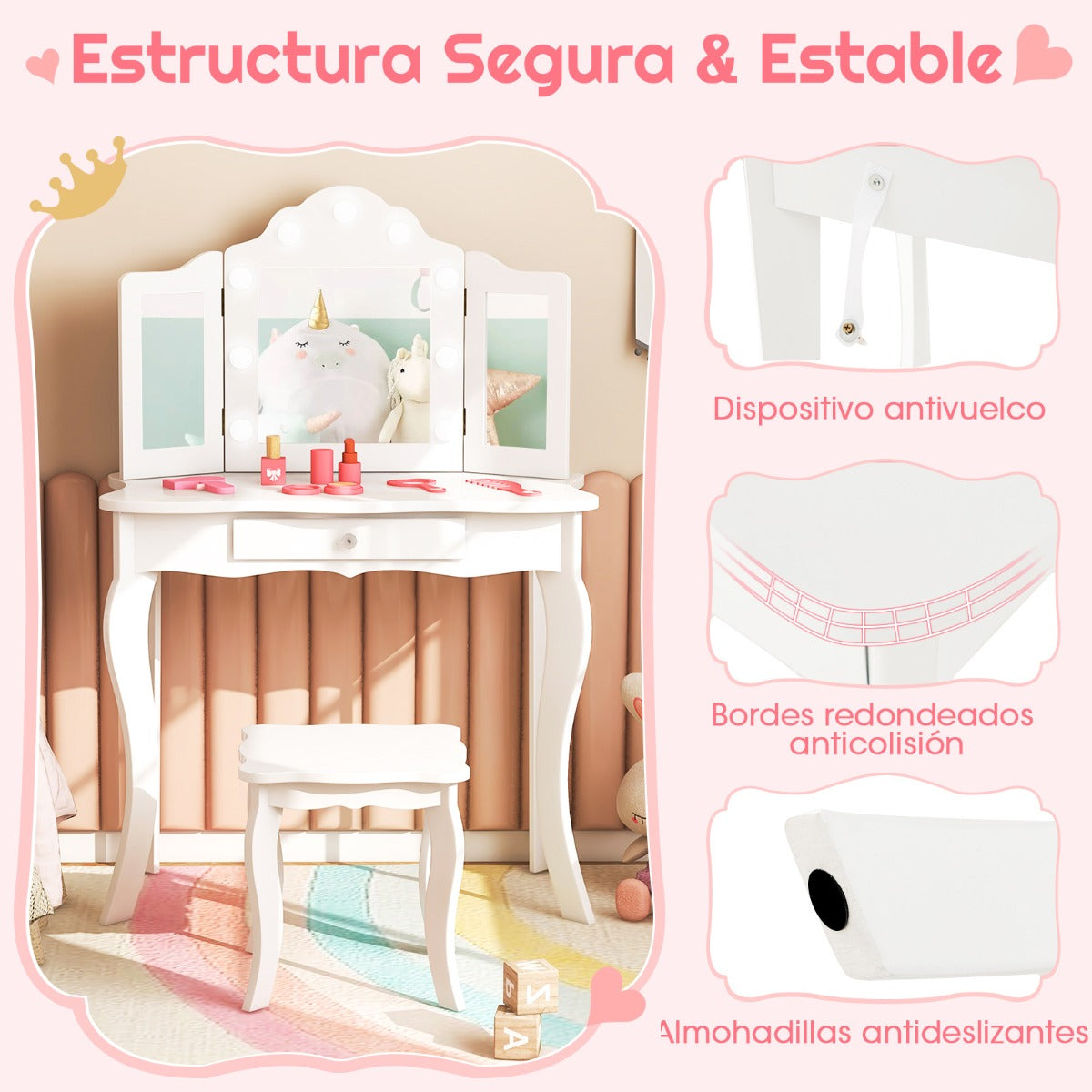 Juego de Tocador y Taburete para Niñas Tocador de Maquillaje Princesa 2 en 1 con Espejo Triple Plegable de Vidrio Real y Cajón Blanco
