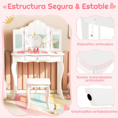 Juego de Tocador y Taburete para Niñas Tocador de Maquillaje Princesa 2 en 1 con Espejo Triple Plegable de Vidrio Real y Cajón Blanco