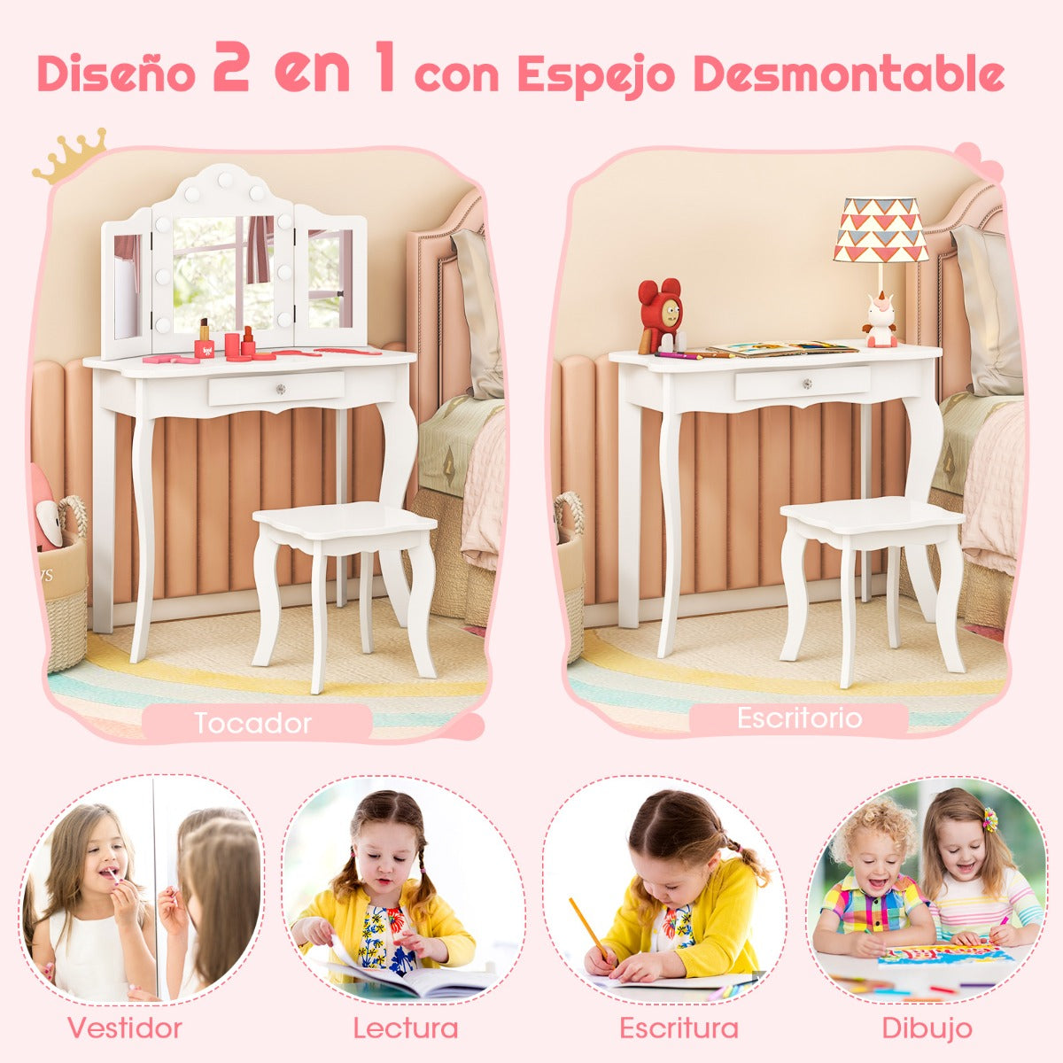 Juego de Tocador y Taburete para Niñas Tocador de Maquillaje Princesa 2 en 1 con Espejo Triple Plegable de Vidrio Real y Cajón Blanco
