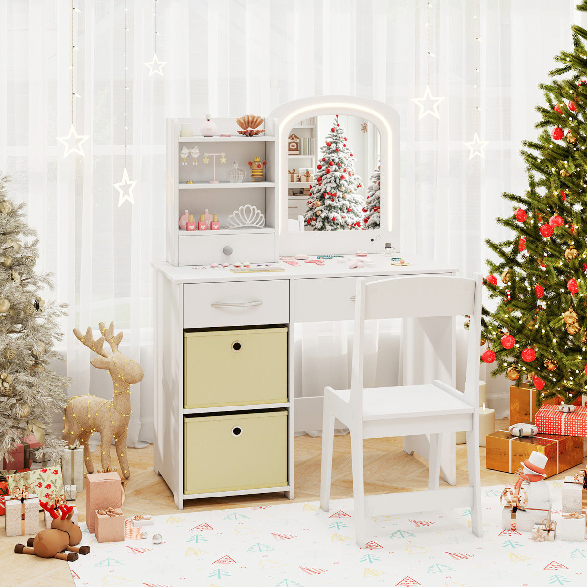 Juego de Tocador Infantil con Espejo Iluminado Set de Mesa y Silla de Princesa con Luces Estantes y Cajones Set de Mesa para Niños Blanco