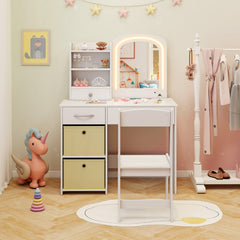 Juego de Tocador Infantil con Espejo Iluminado Set de Mesa y Silla de Princesa con Luces Estantes y Cajones Set de Mesa para Niños Blanco