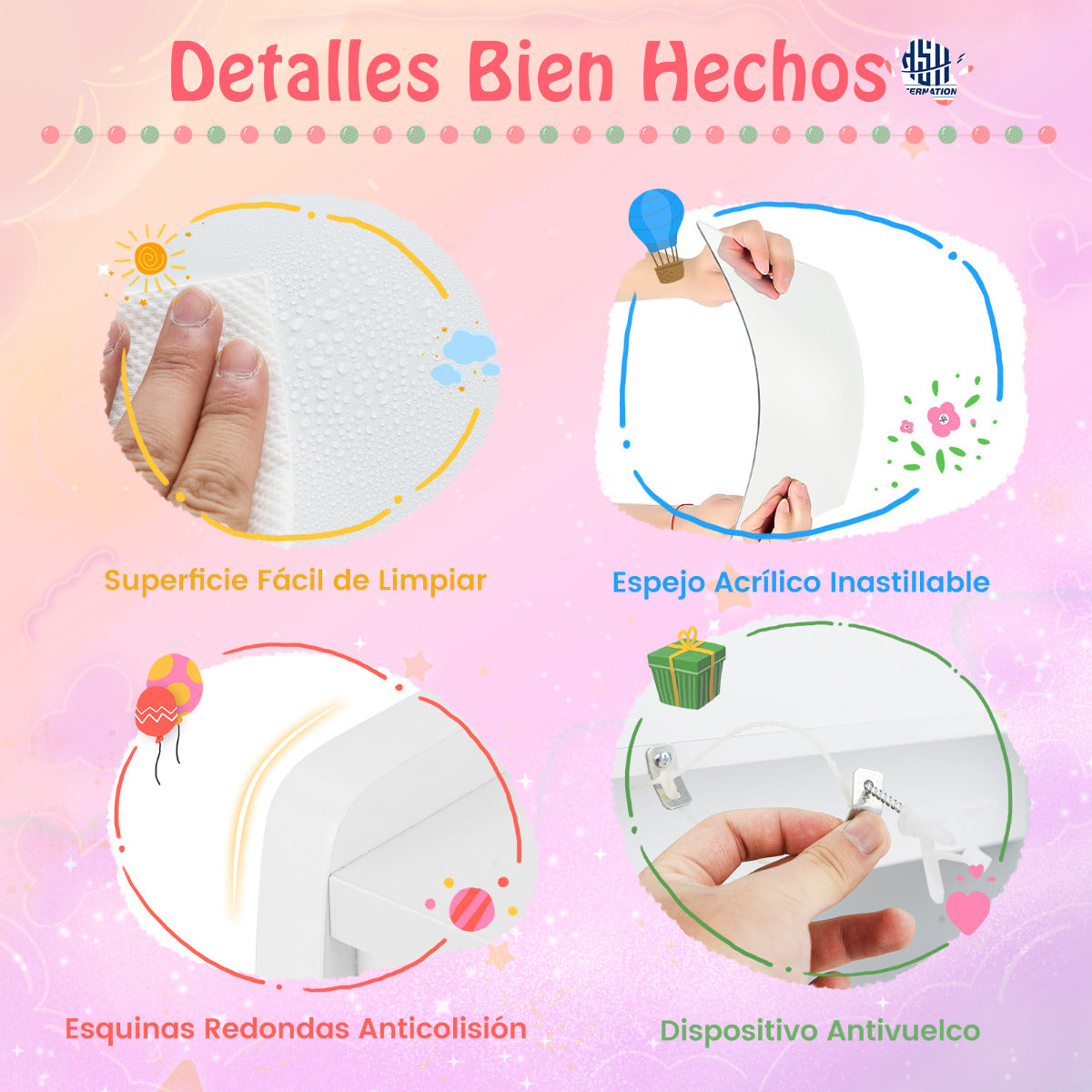 Juego de Tocador Infantil con Espejo Iluminado Set de Mesa y Silla de Princesa con Luces Estantes y Cajones Set de Mesa para Niños Blanco