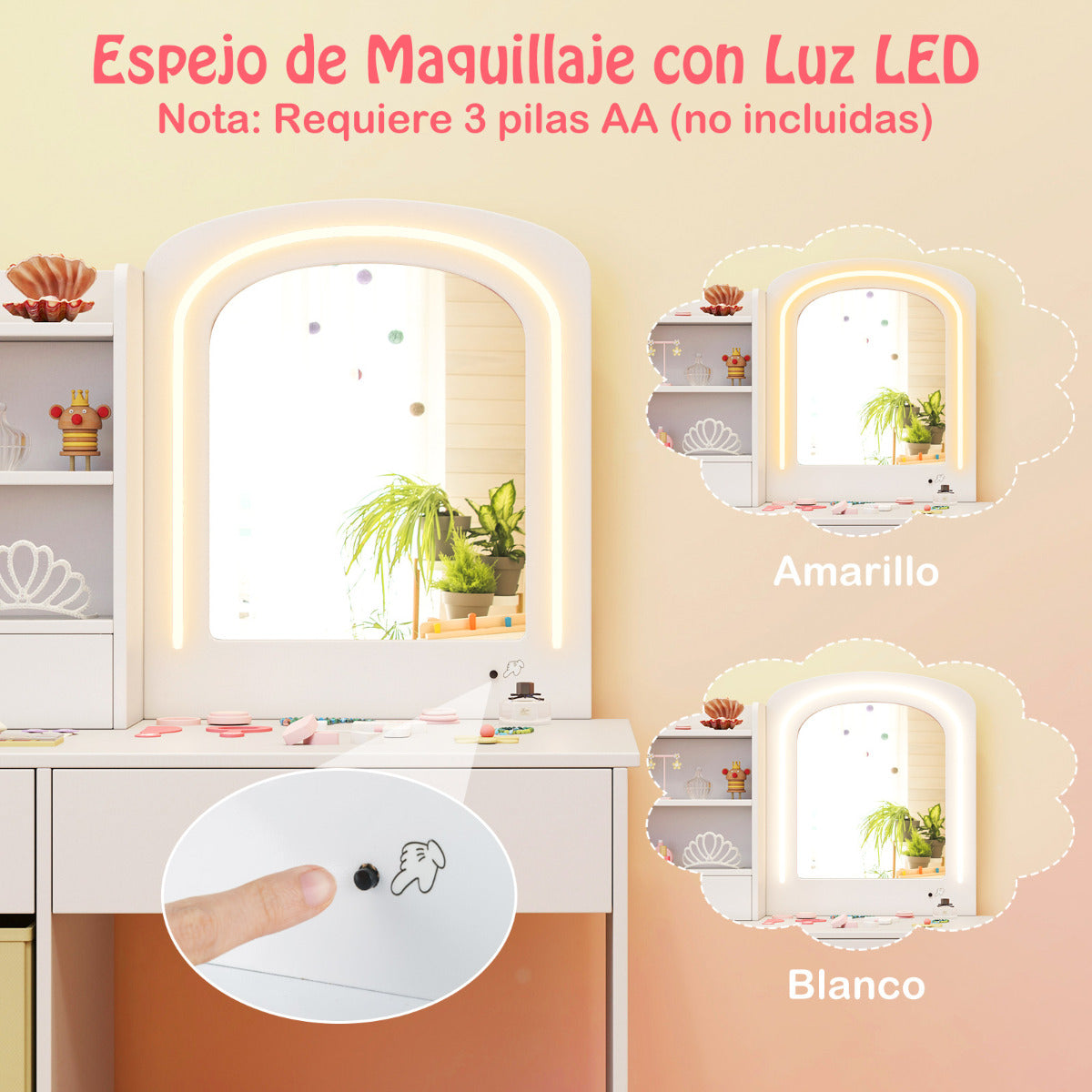 Juego de Tocador Infantil con Espejo Iluminado Set de Mesa y Silla de Princesa con Luces Estantes y Cajones Set de Mesa para Niños Blanco