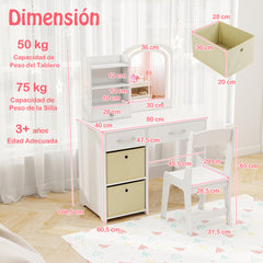 Juego de Tocador Infantil con Espejo Iluminado Set de Mesa y Silla de Princesa con Luces Estantes y Cajones Set de Mesa para Niños Blanco