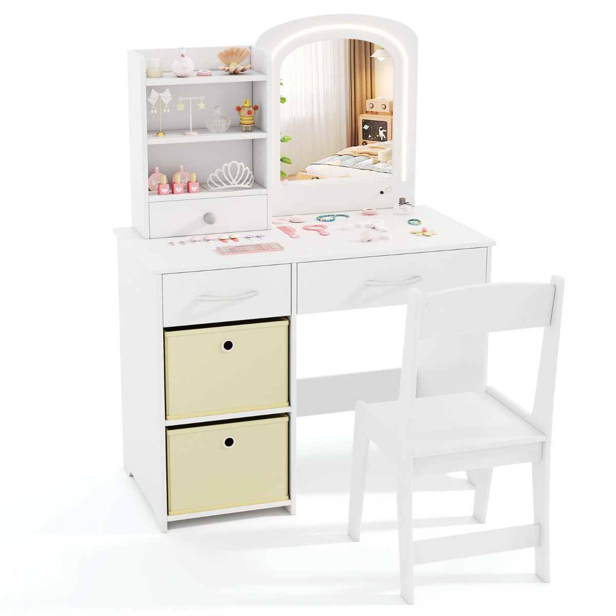 Juego de Tocador Infantil con Espejo Iluminado Set de Mesa y Silla de Princesa con Luces Estantes y Cajones Set de Mesa para Niños Blanco