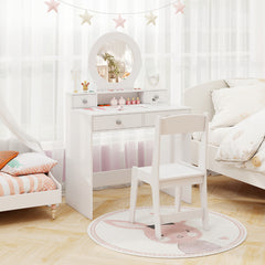 Juego de Tocador Infantil con Espejo Escritorio y Silla para Maquillaje de Princesa con Estante y 4 Cajones Tocador para Niñas Blanco