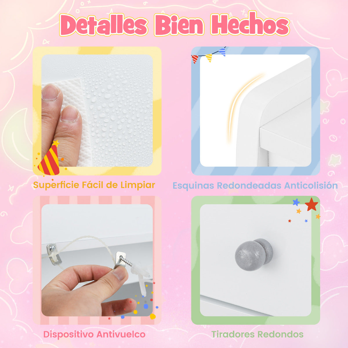 Juego de Tocador Infantil con Espejo Escritorio y Silla para Maquillaje de Princesa con Estante y 4 Cajones Tocador para Niñas Blanco